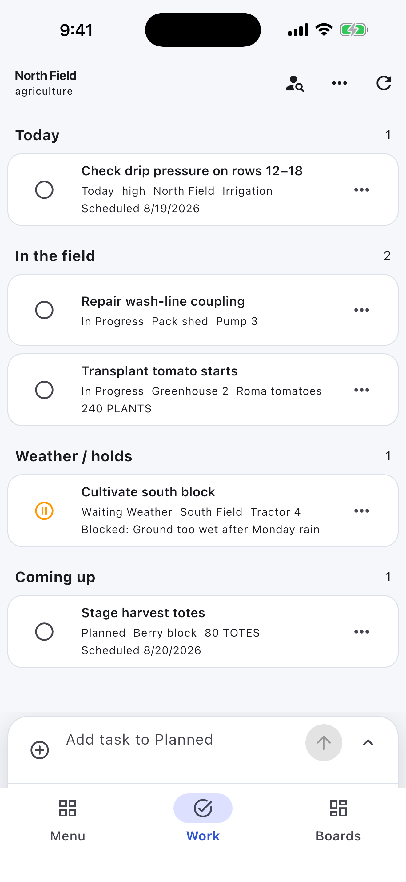 Farms & Greenhouses Turnboards mobile app — Todays field work