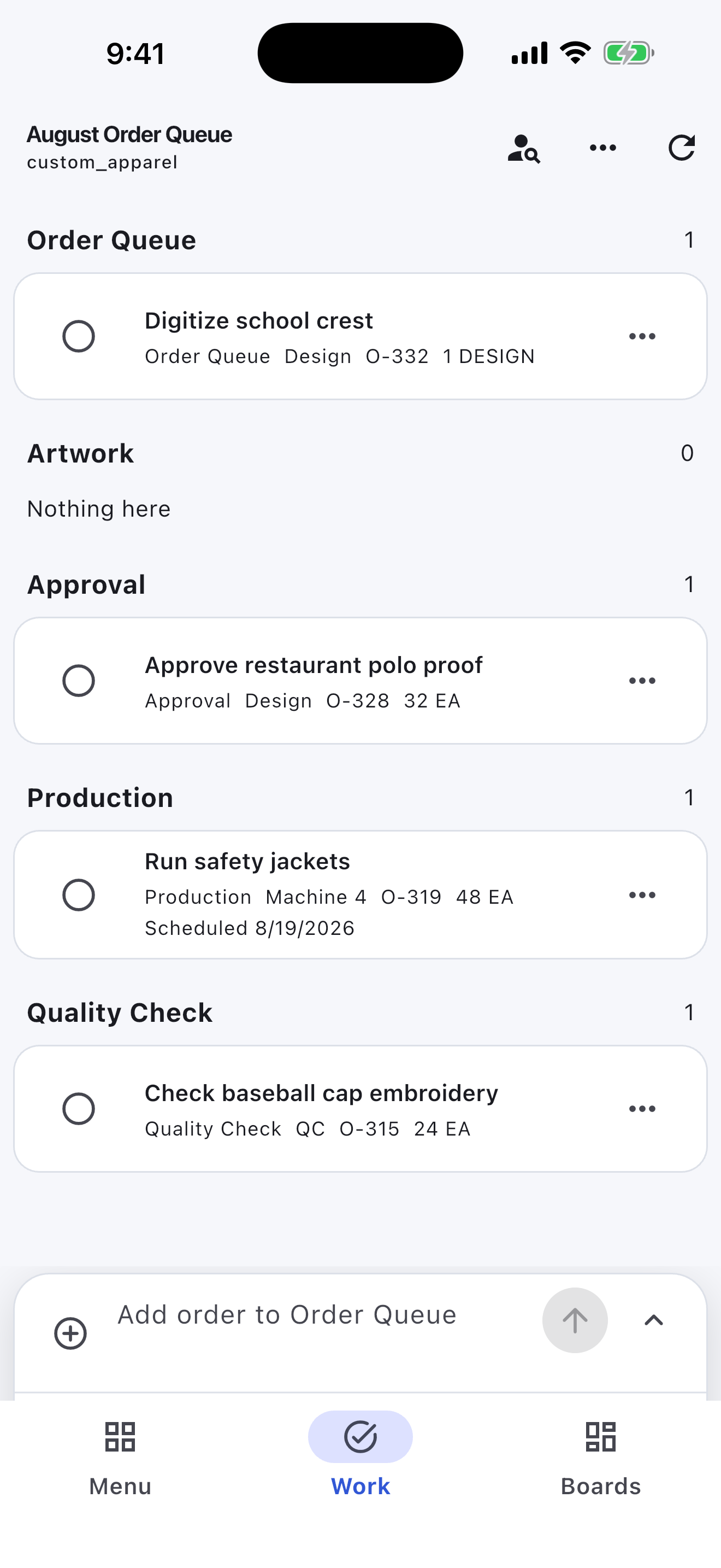 Custom Apparel & Embroidery Turnboards mobile app — Orders in production