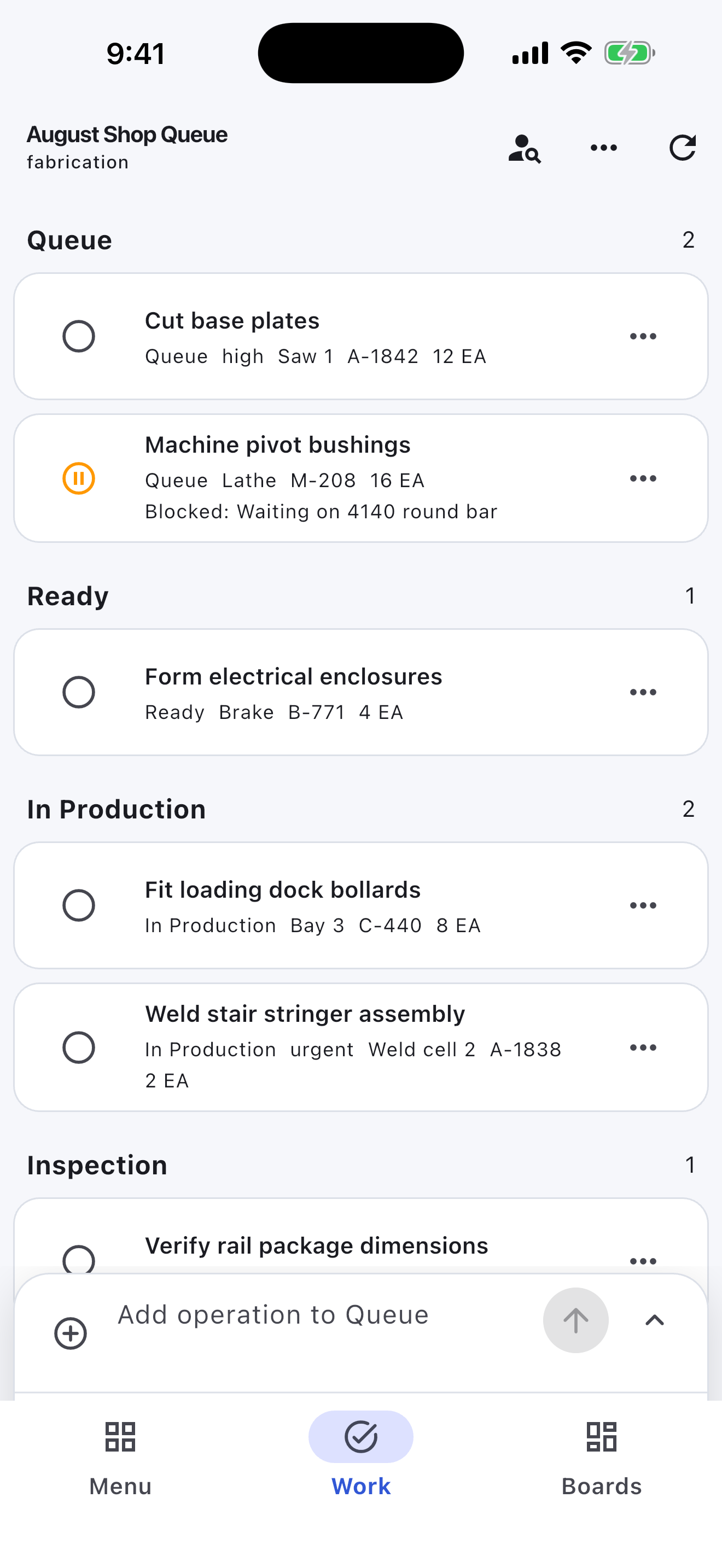 Fabrication Turnboards mobile app — Shop queue
