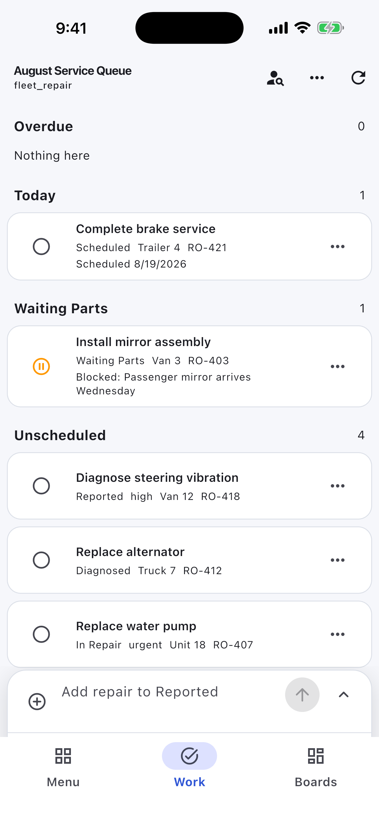 Fleet Repair Turnboards mobile app — Repair status