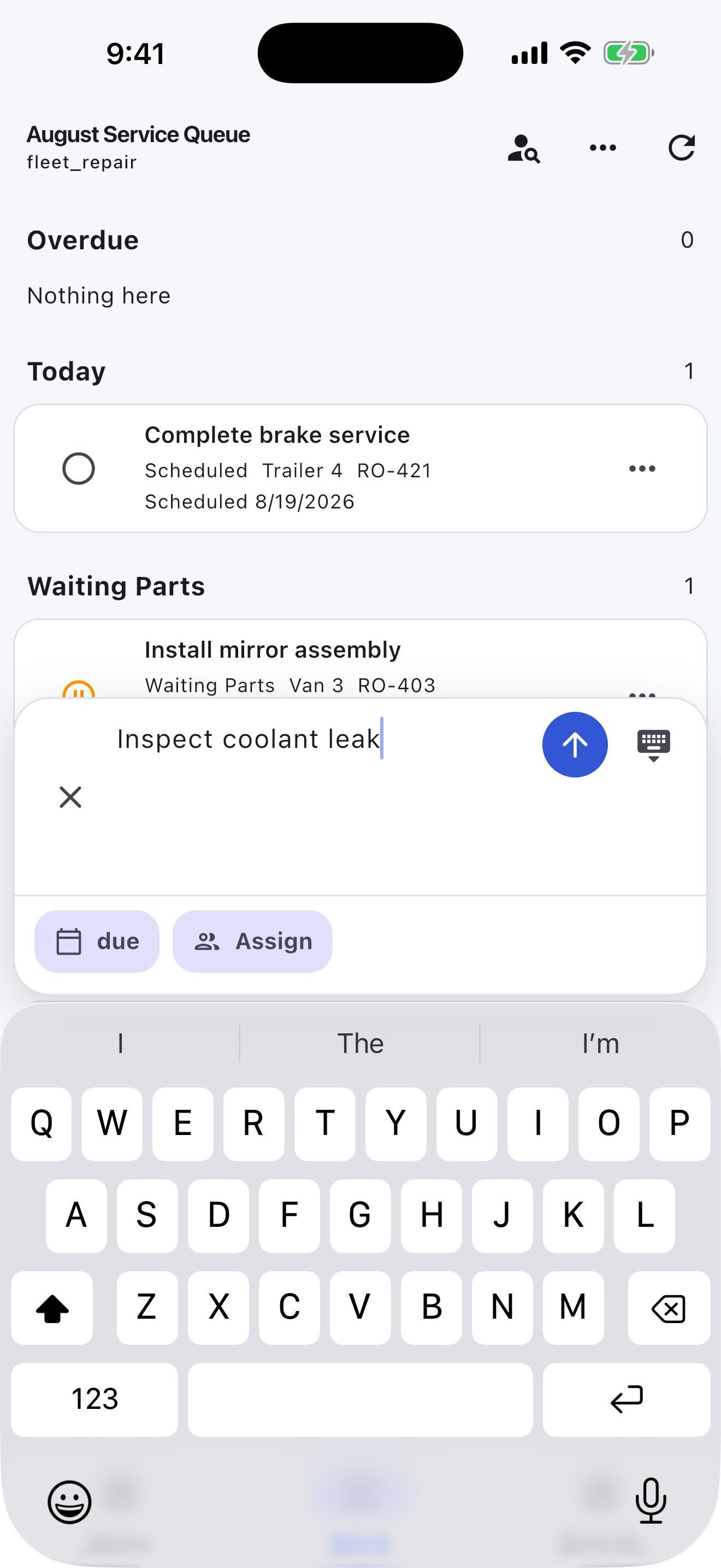 Fleet Repair Turnboards mobile app — Capture shop work