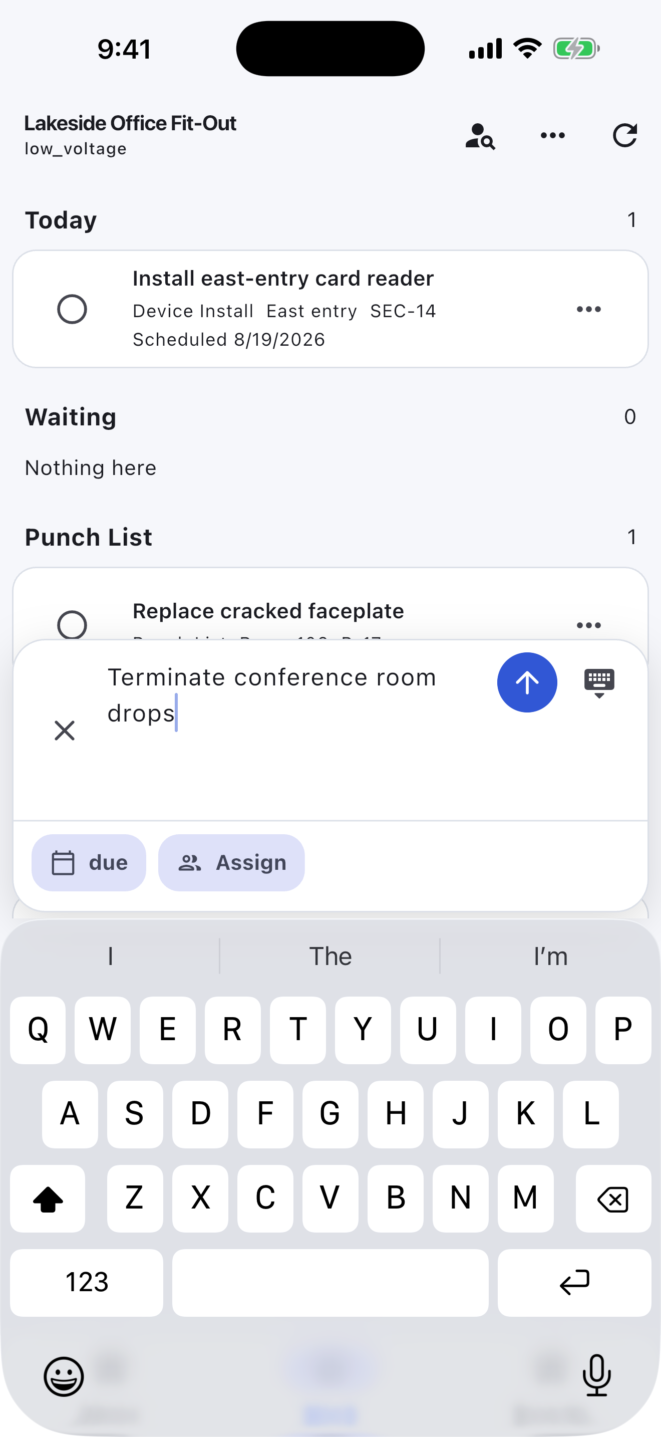 Low-Voltage Installation Turnboards mobile app — Capture field task