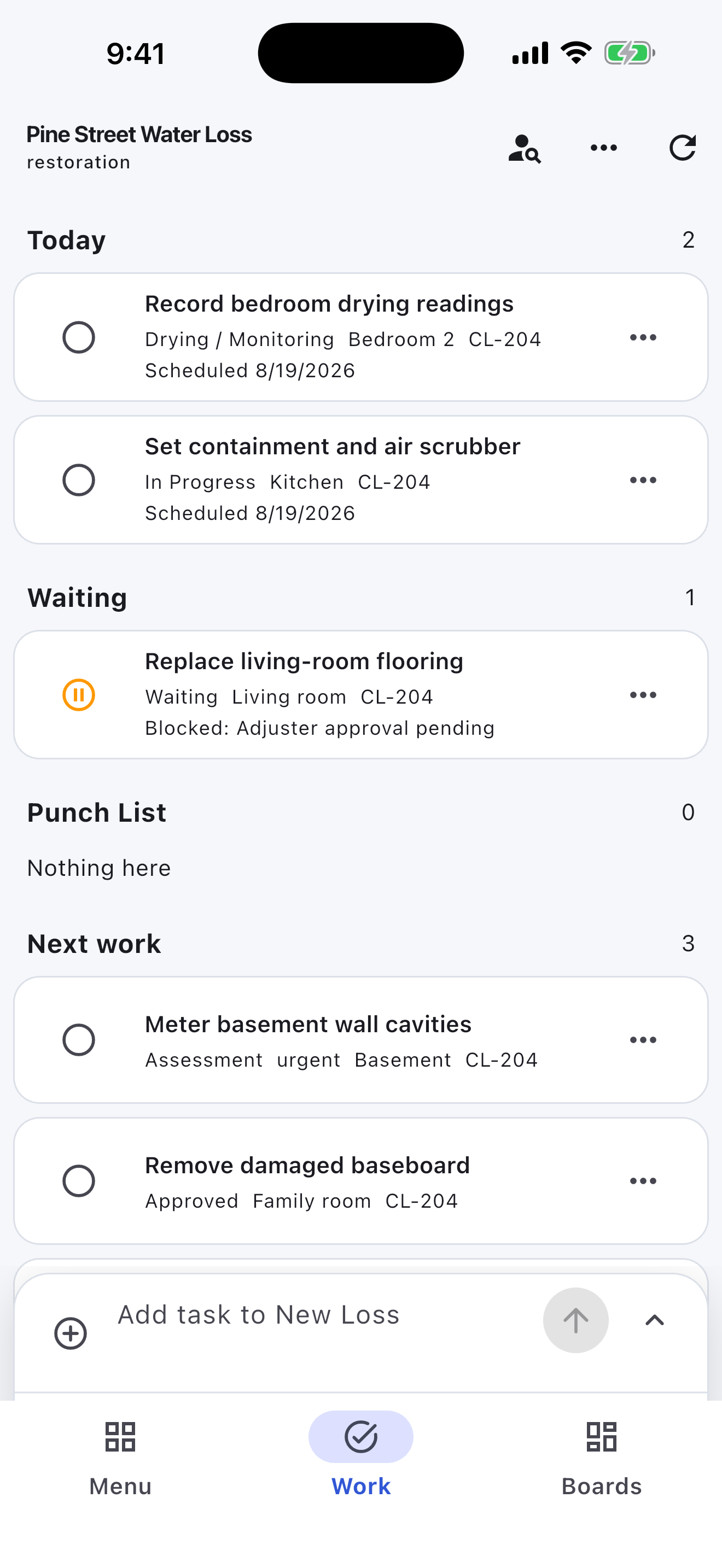 Restoration & Remediation Turnboards mobile app — Losses needing action