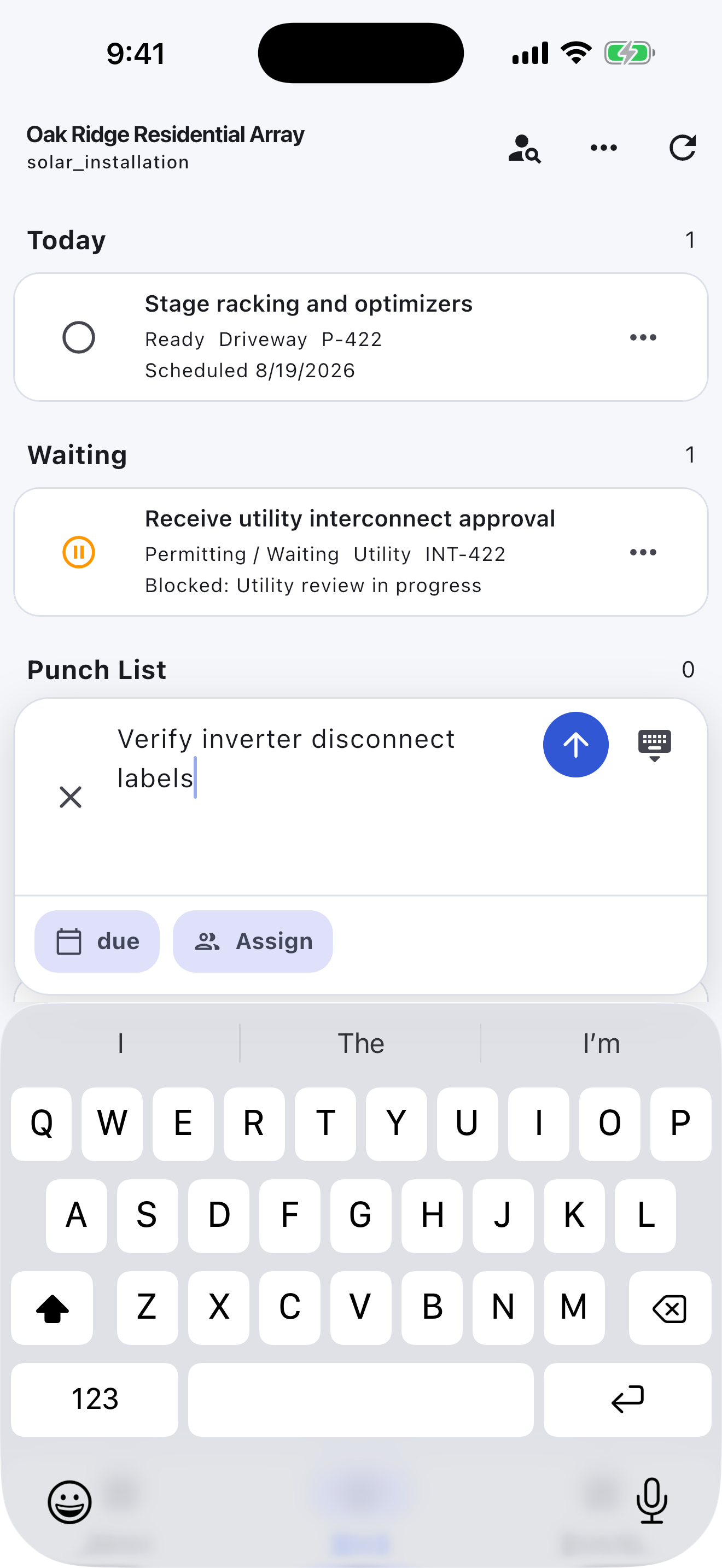 Solar Installation Turnboards mobile app — Add solar task