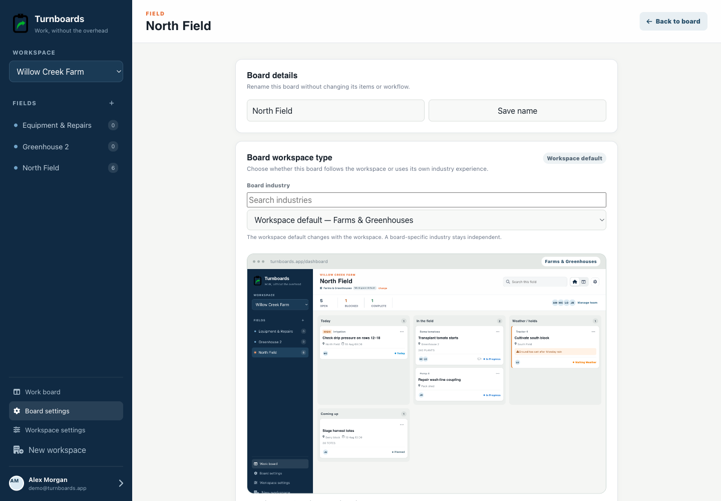 Field industry controls in the Turnboards Agriculture web dashboard