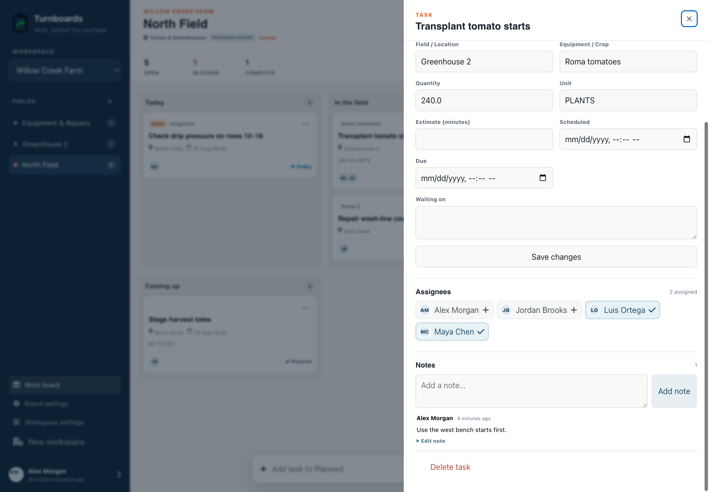 Assignments and notes together in the Turnboards Agriculture web dashboard