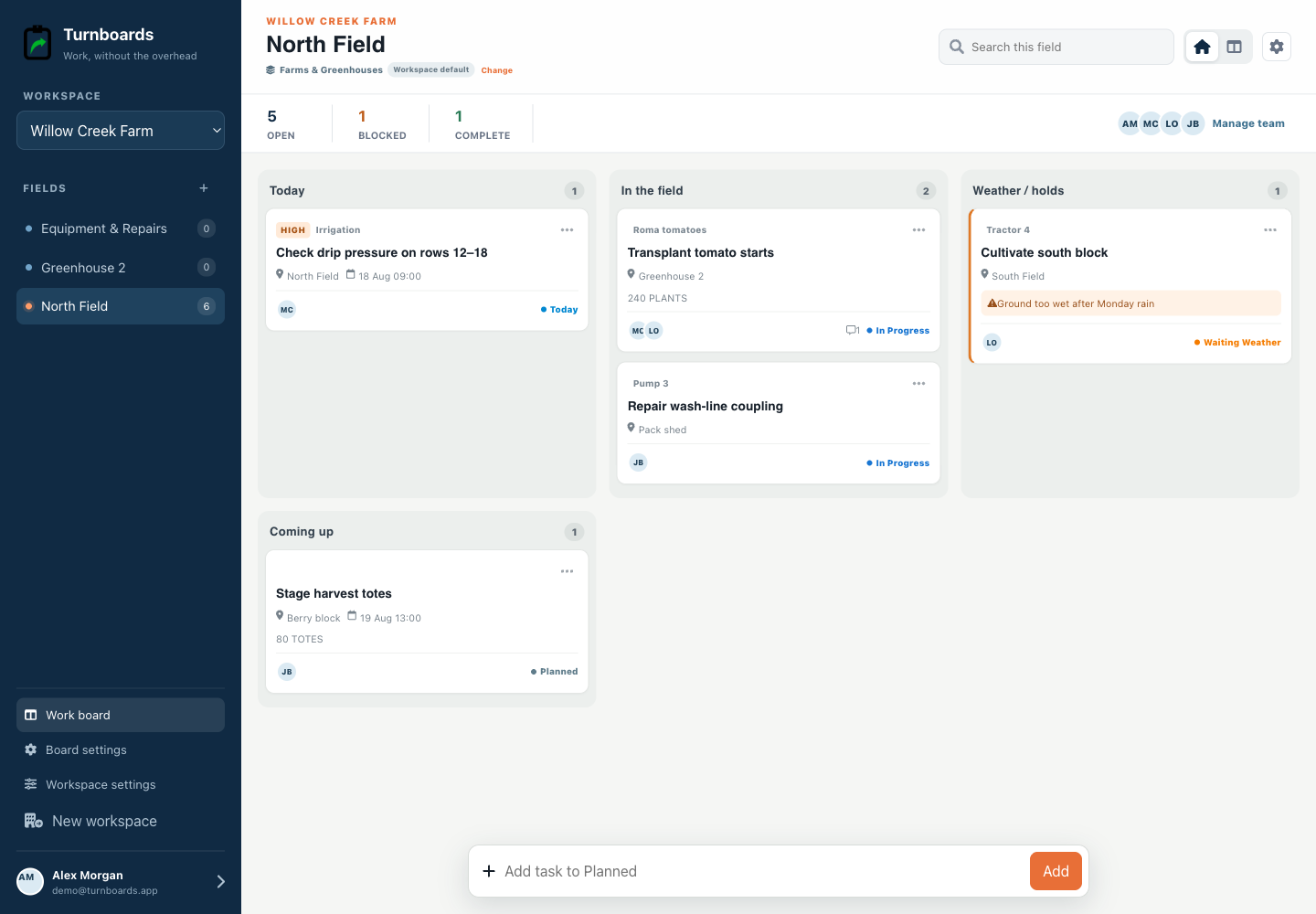 Farms & Greenhouses Turnboards web dashboard with realistic seeded work