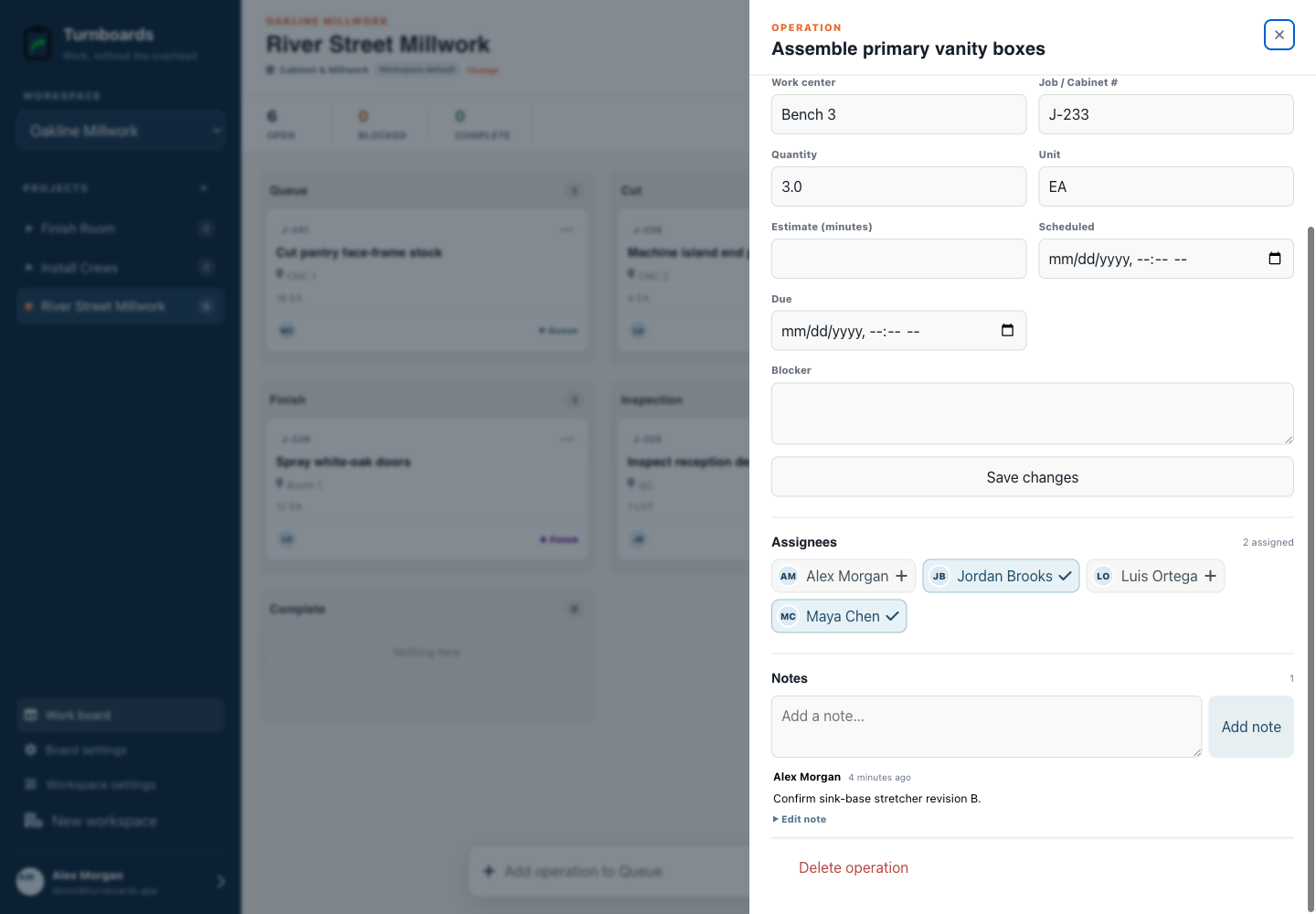 Assignments and notes together in the Turnboards Cabinet millwork web dashboard