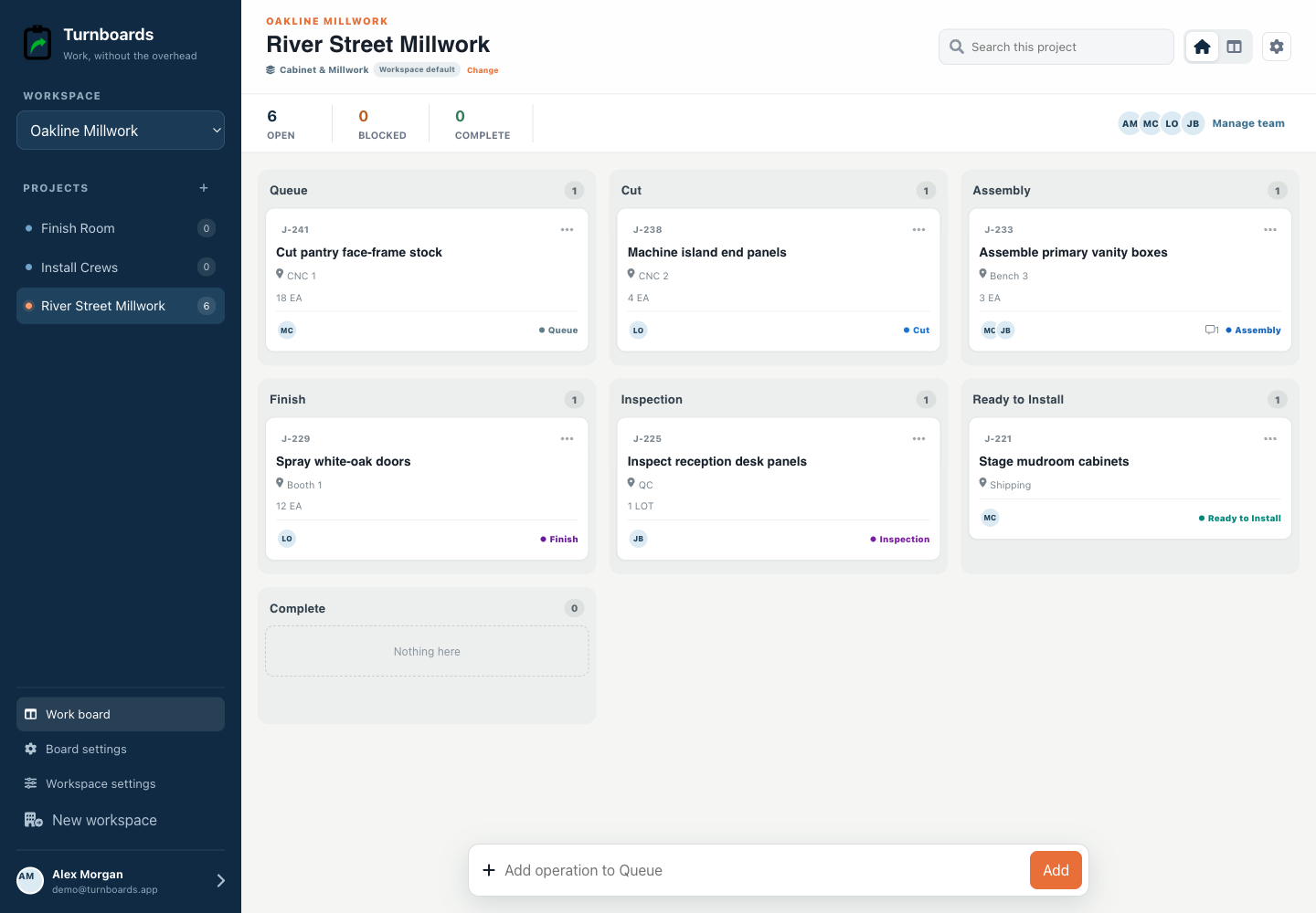 Cabinet & Millwork Turnboards web dashboard with realistic seeded work