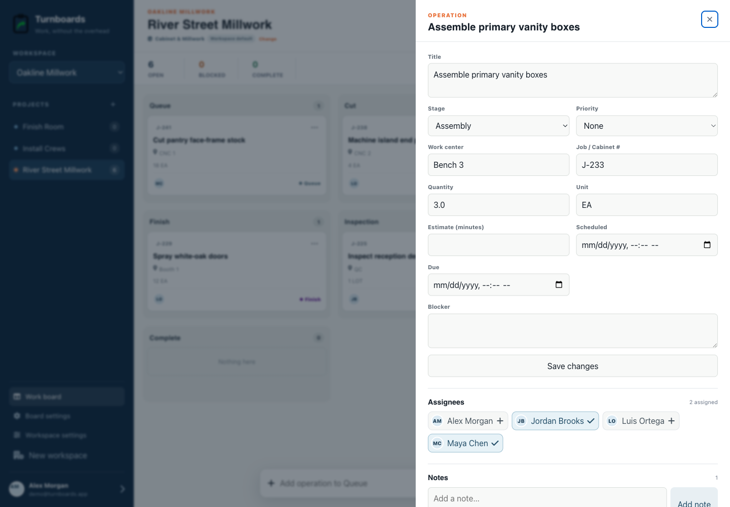 Operation details without clutter in the Turnboards Cabinet millwork web dashboard