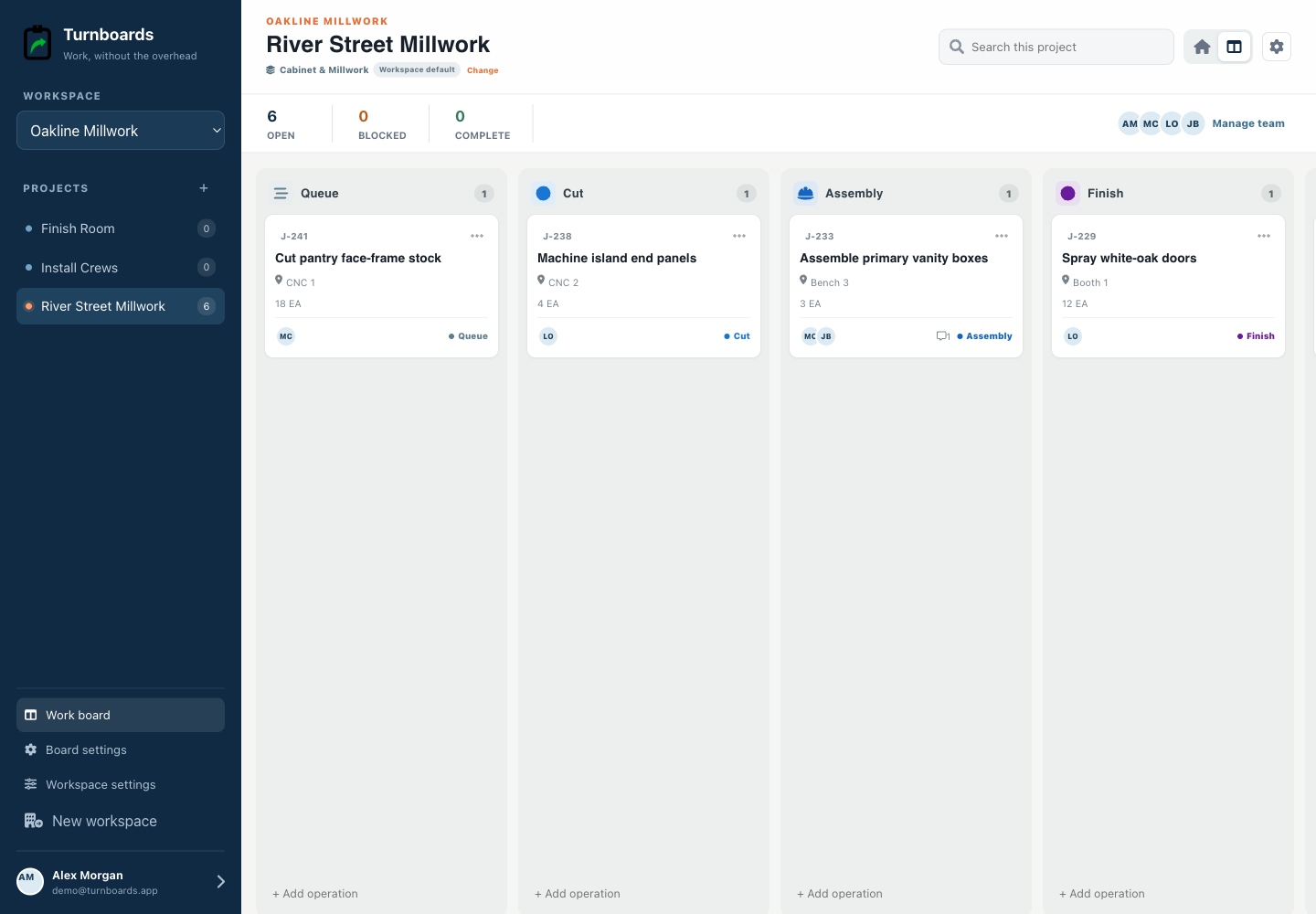 The complete Cabinet & Millwork workflow in the Turnboards Cabinet millwork web dashboard