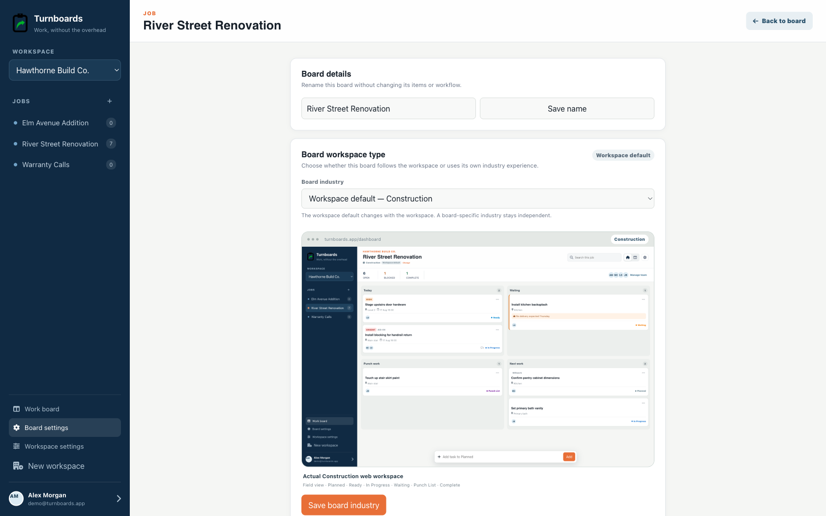 Job industry controls in the Turnboards Construction web dashboard