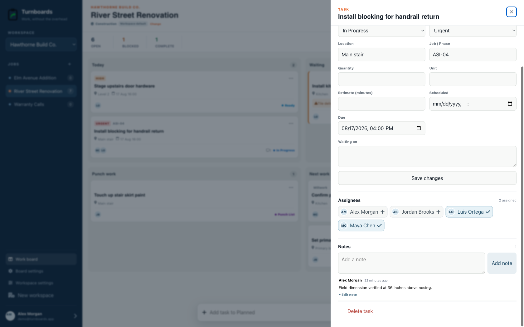 Assignments and notes together in the Turnboards Construction web dashboard