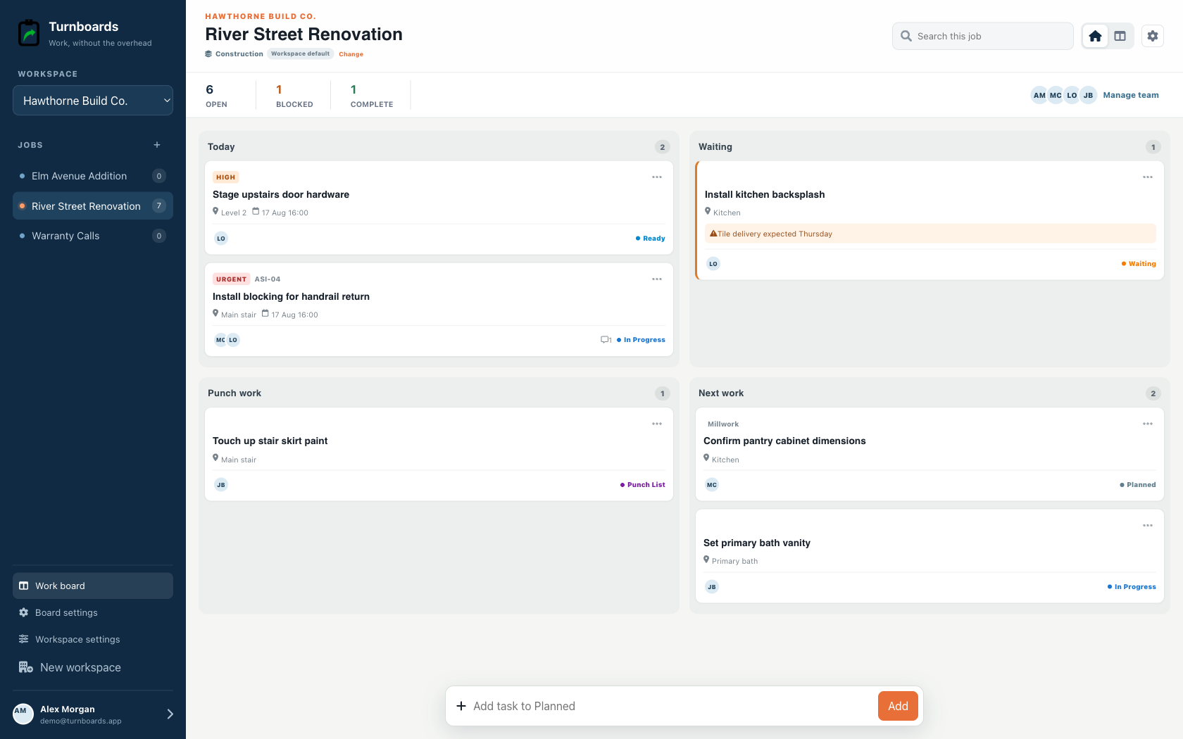 Construction Turnboards web dashboard with realistic seeded work