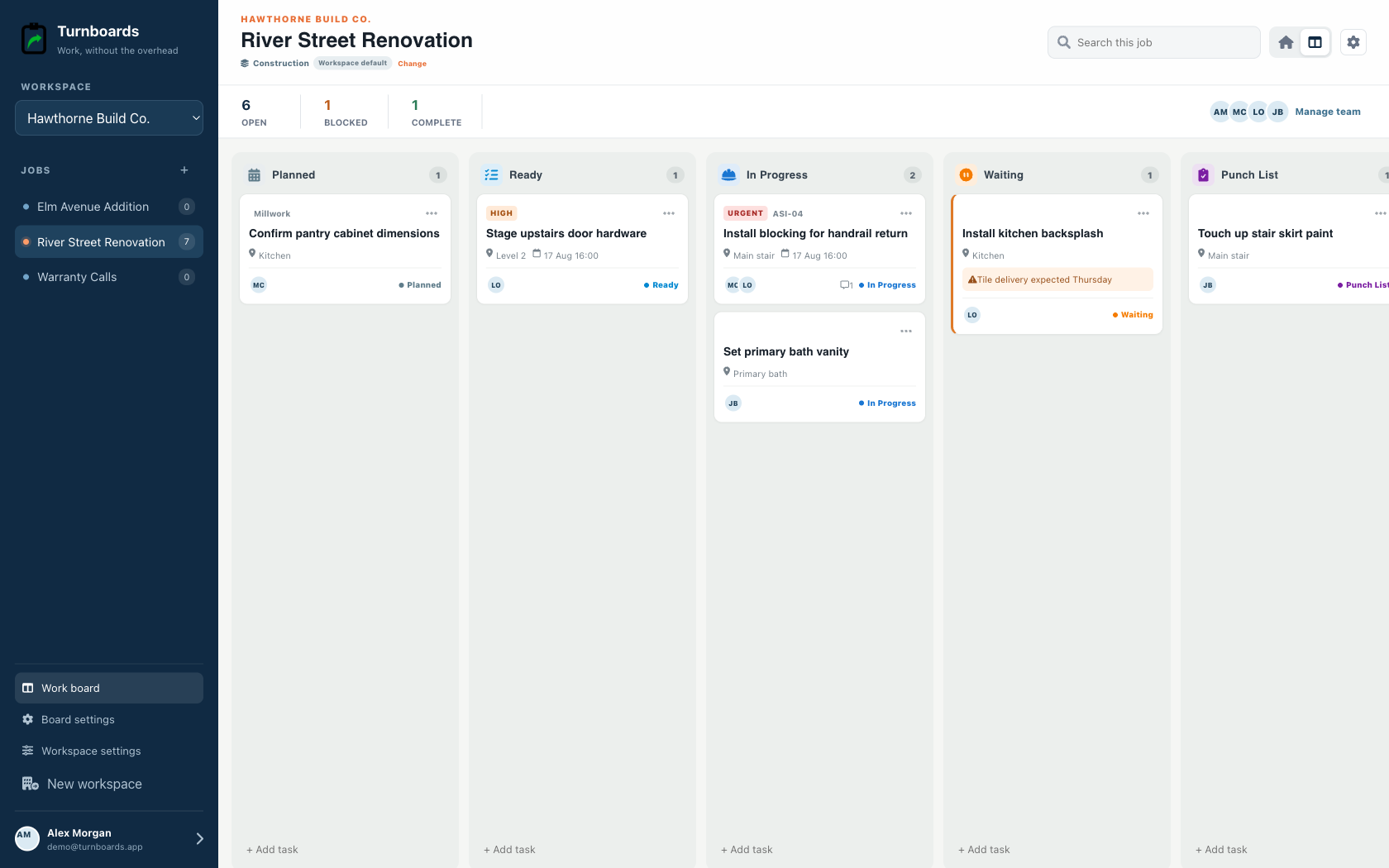 The complete Construction workflow in the Turnboards Construction web dashboard