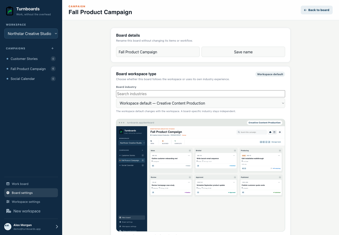 Campaign industry controls in the Turnboards Content production web dashboard