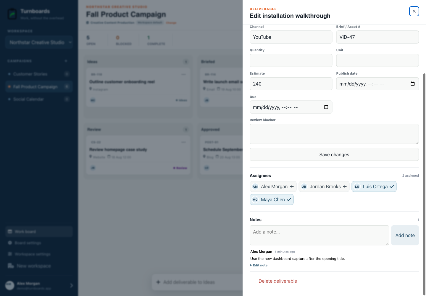 Assignments and notes together in the Turnboards Content production web dashboard