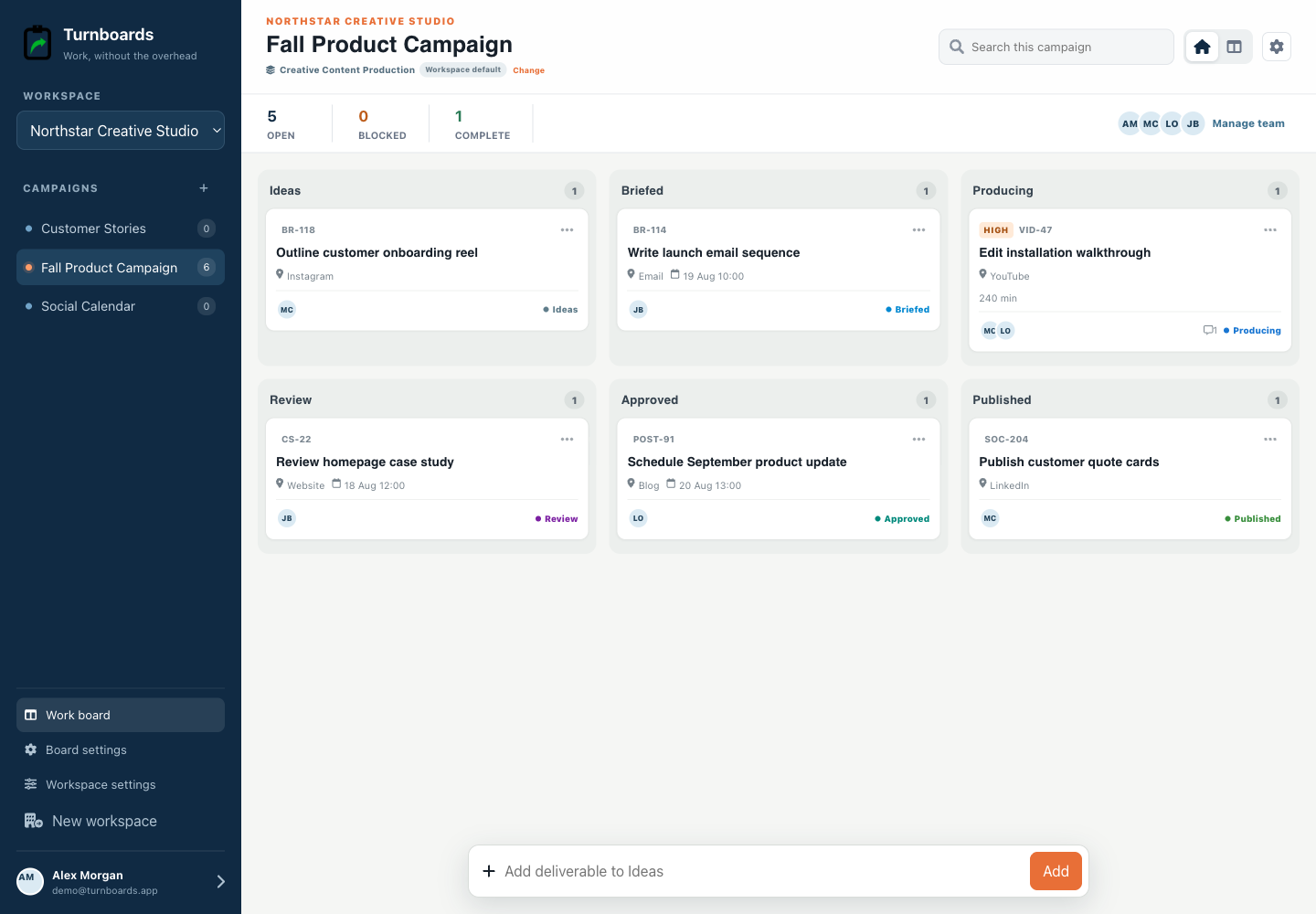 Creative Content Production Turnboards web dashboard with realistic seeded work