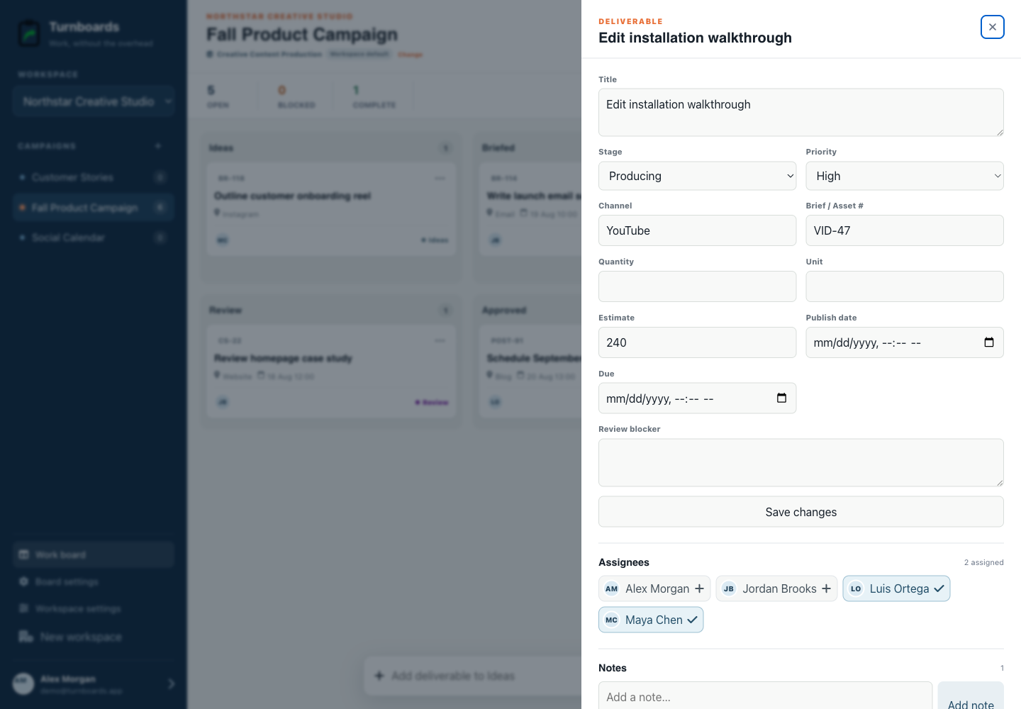 Deliverable details without clutter in the Turnboards Content production web dashboard