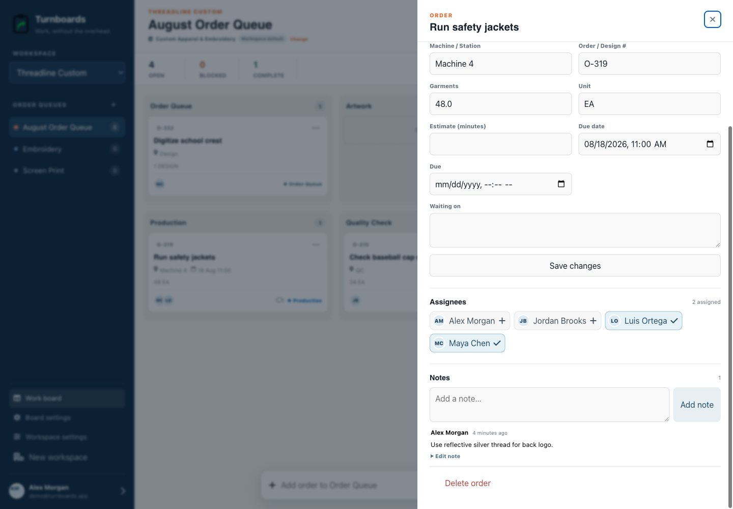Assignments and notes together in the Turnboards Custom apparel web dashboard