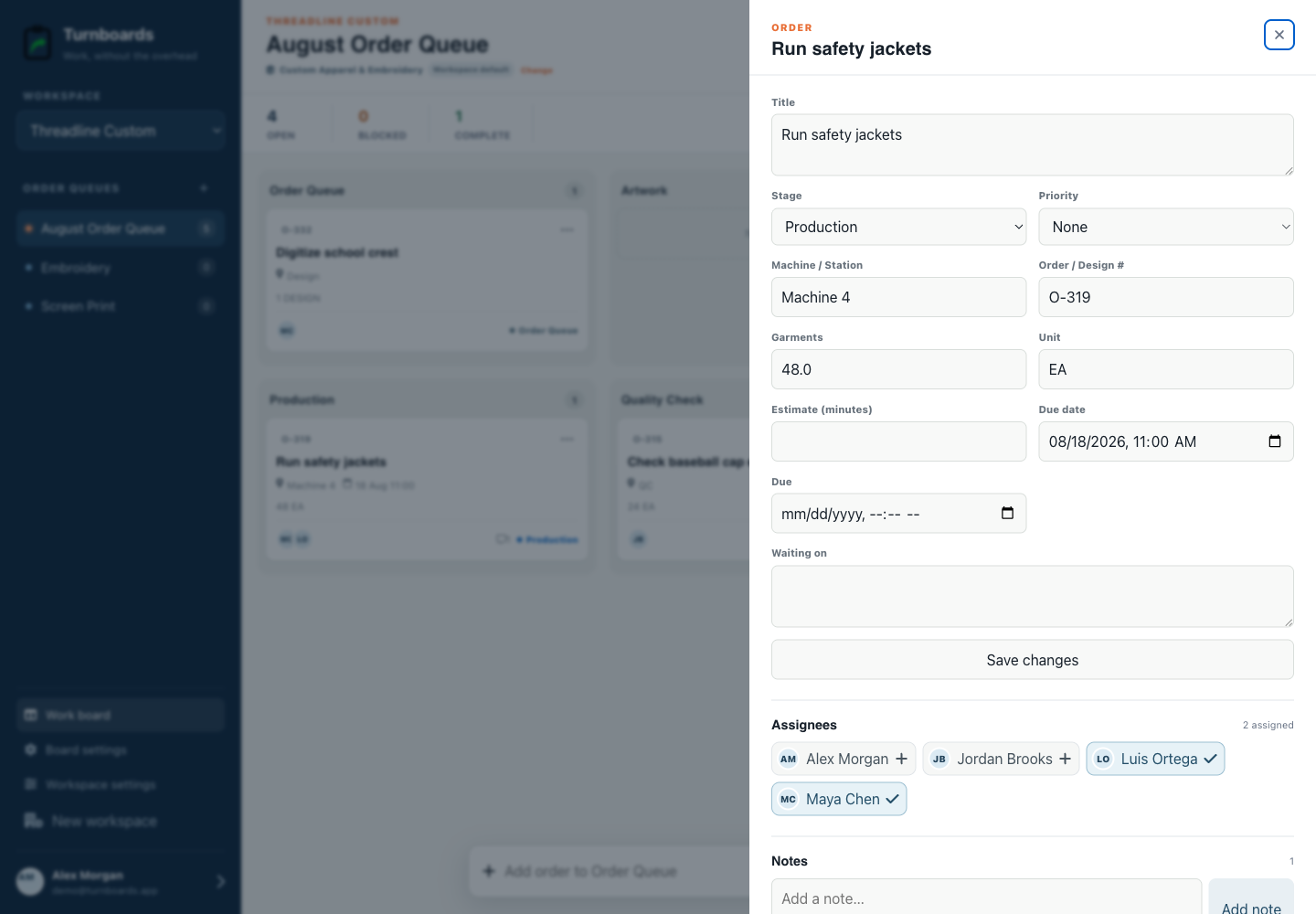 Order details without clutter in the Turnboards Custom apparel web dashboard