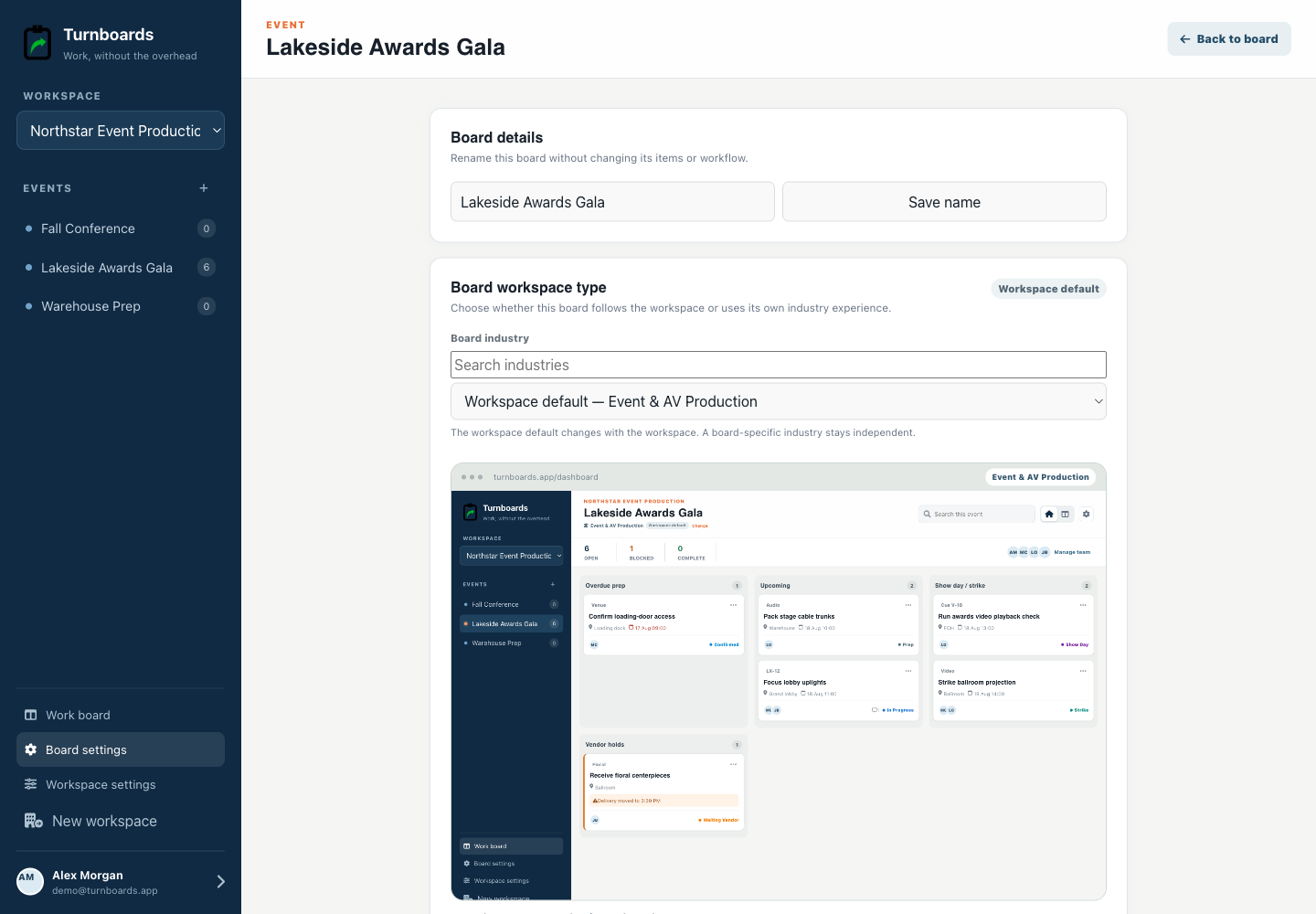 Event industry controls in the Turnboards Event production web dashboard
