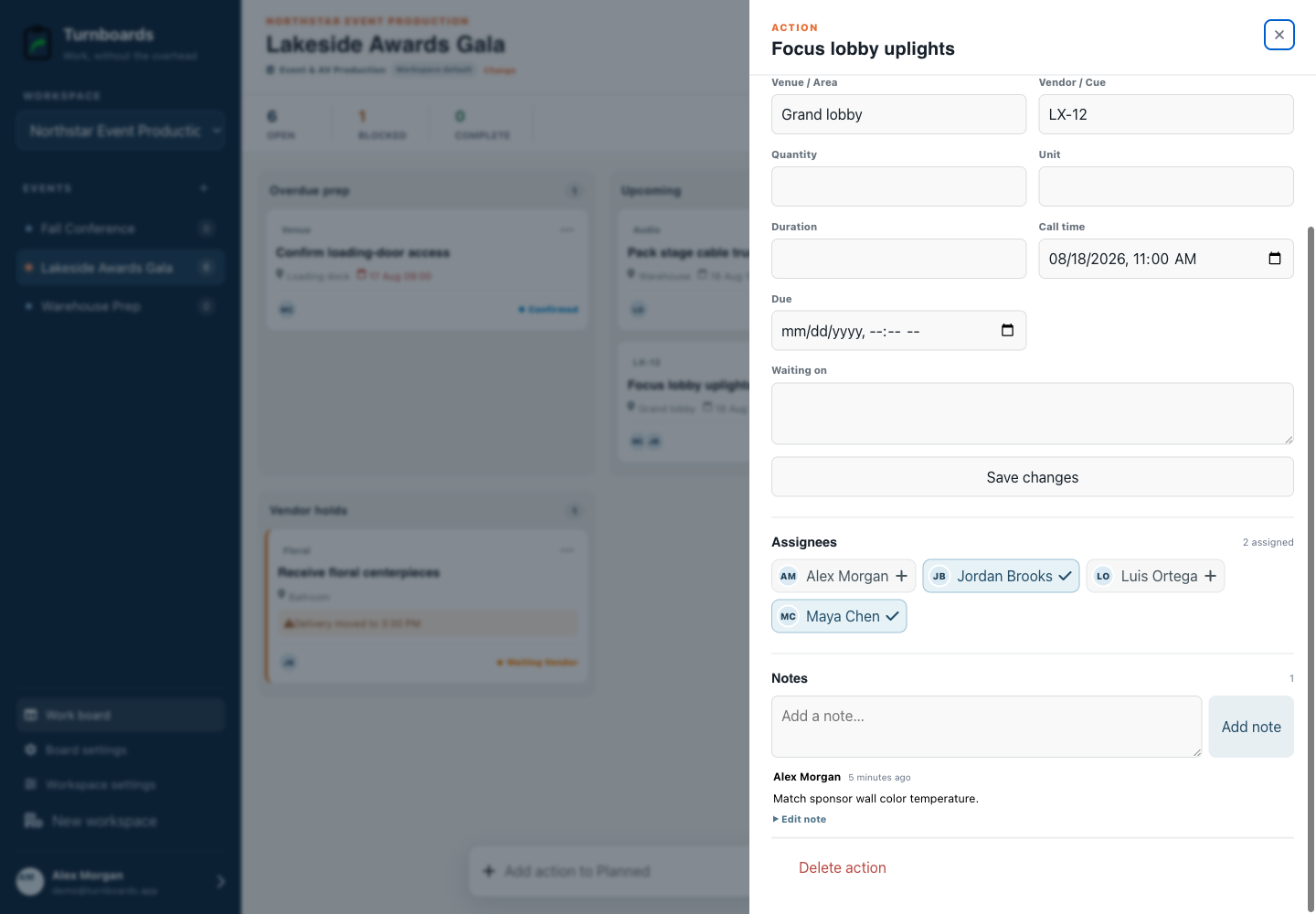 Assignments and notes together in the Turnboards Event production web dashboard