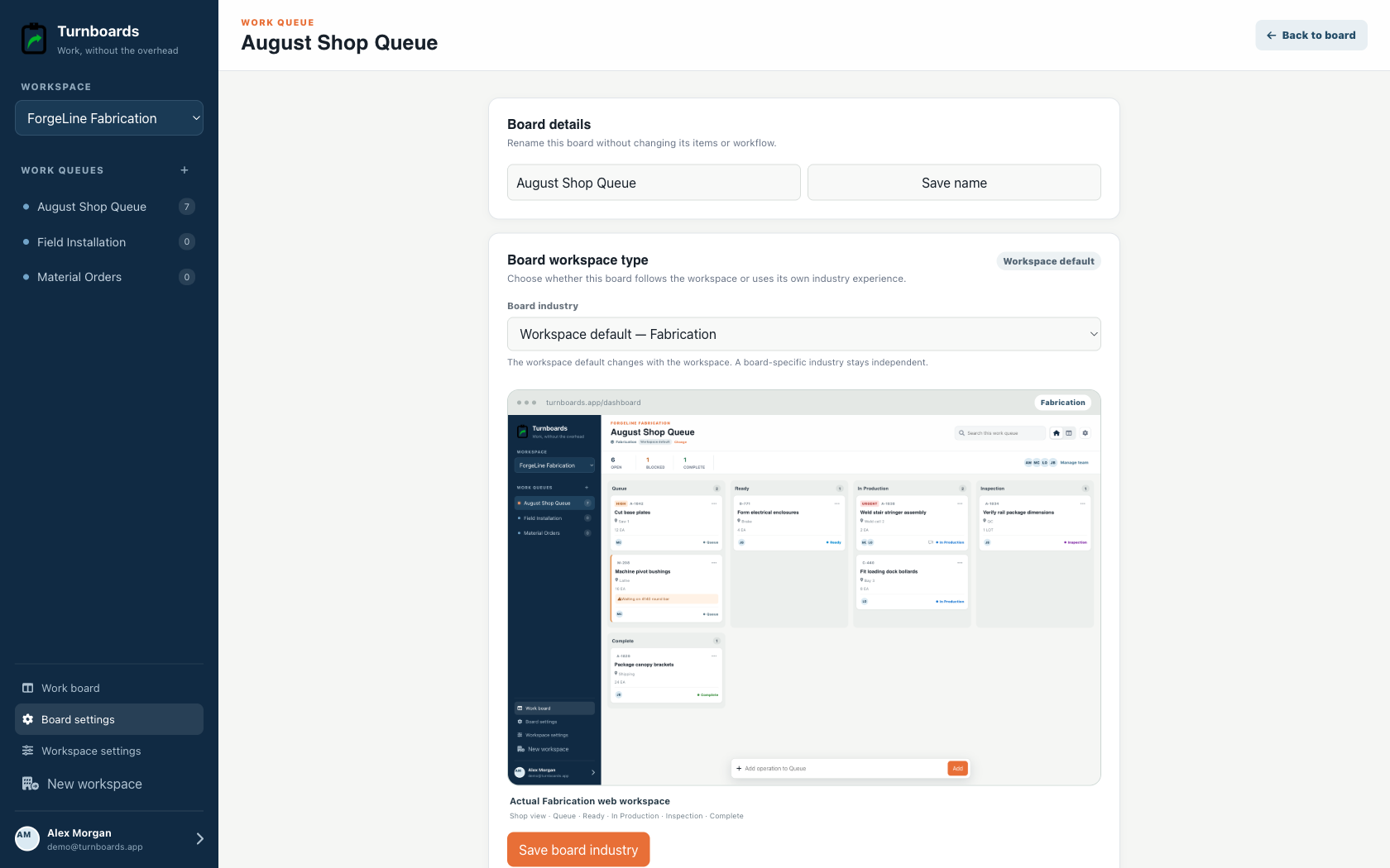 Work Queue industry controls in the Turnboards Fabrication web dashboard