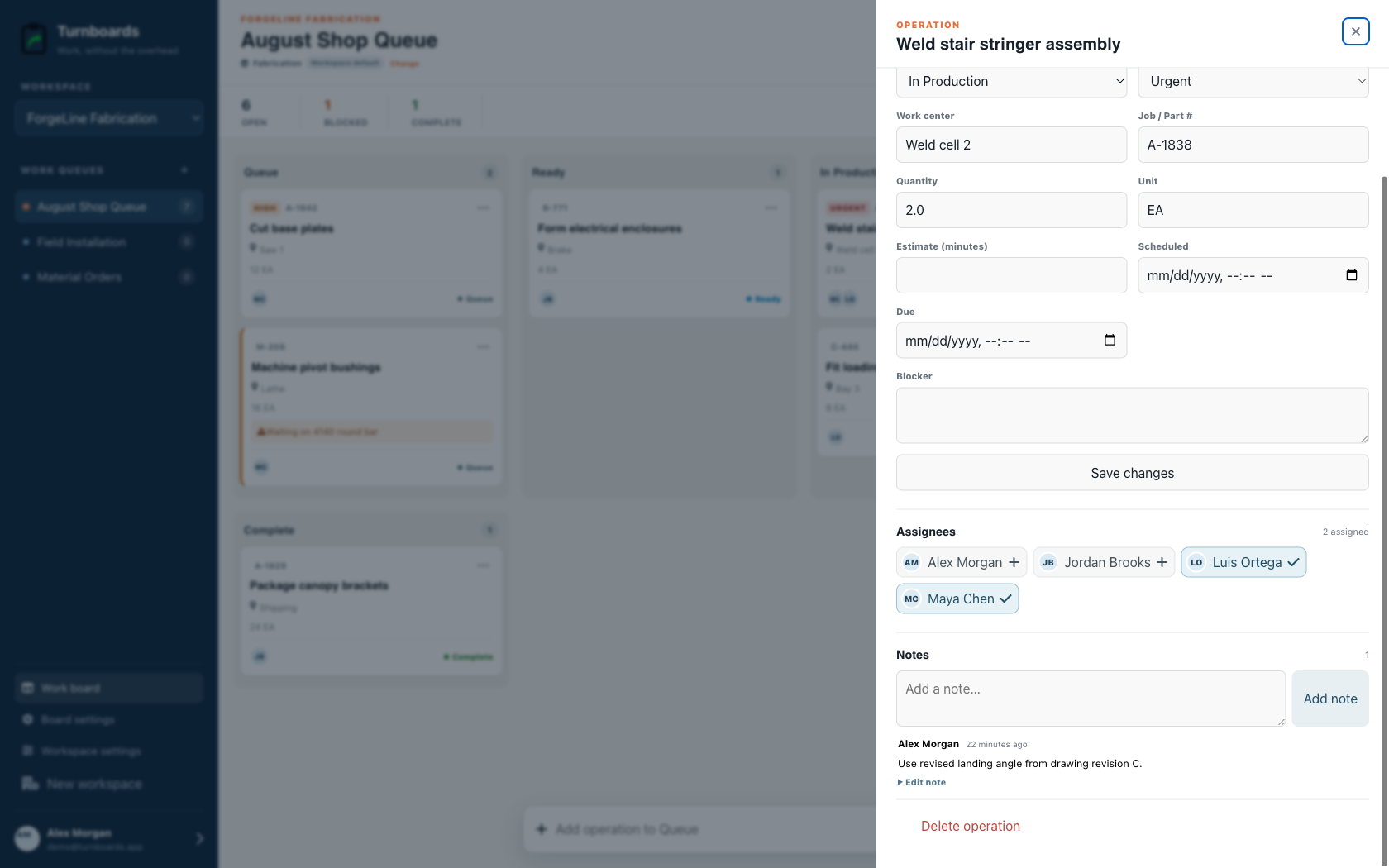 Assignments and notes together in the Turnboards Fabrication web dashboard