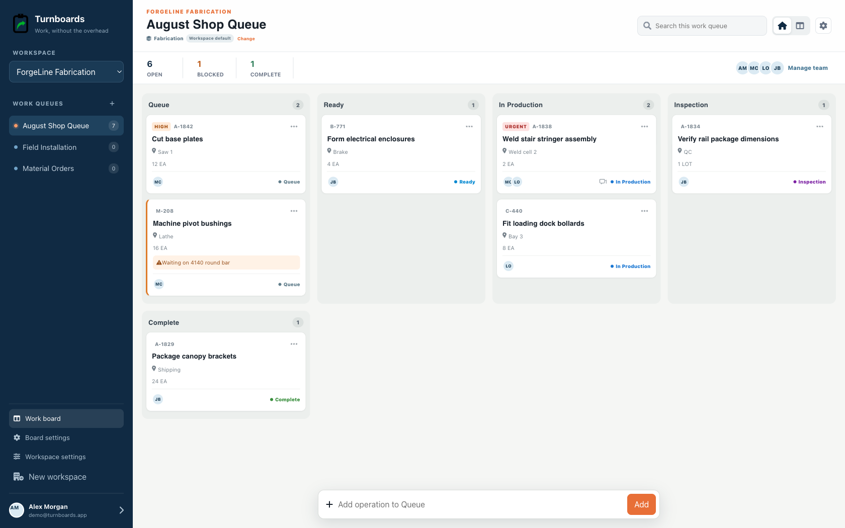 Fabrication Turnboards web dashboard with realistic seeded work