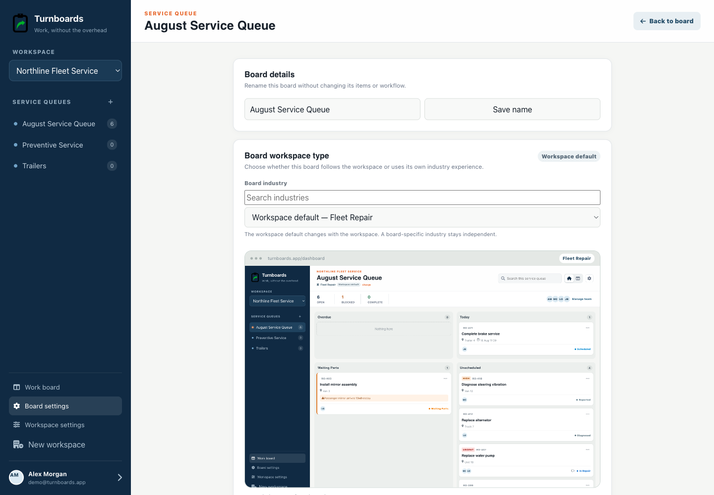 Service Queue industry controls in the Turnboards Fleet repair web dashboard