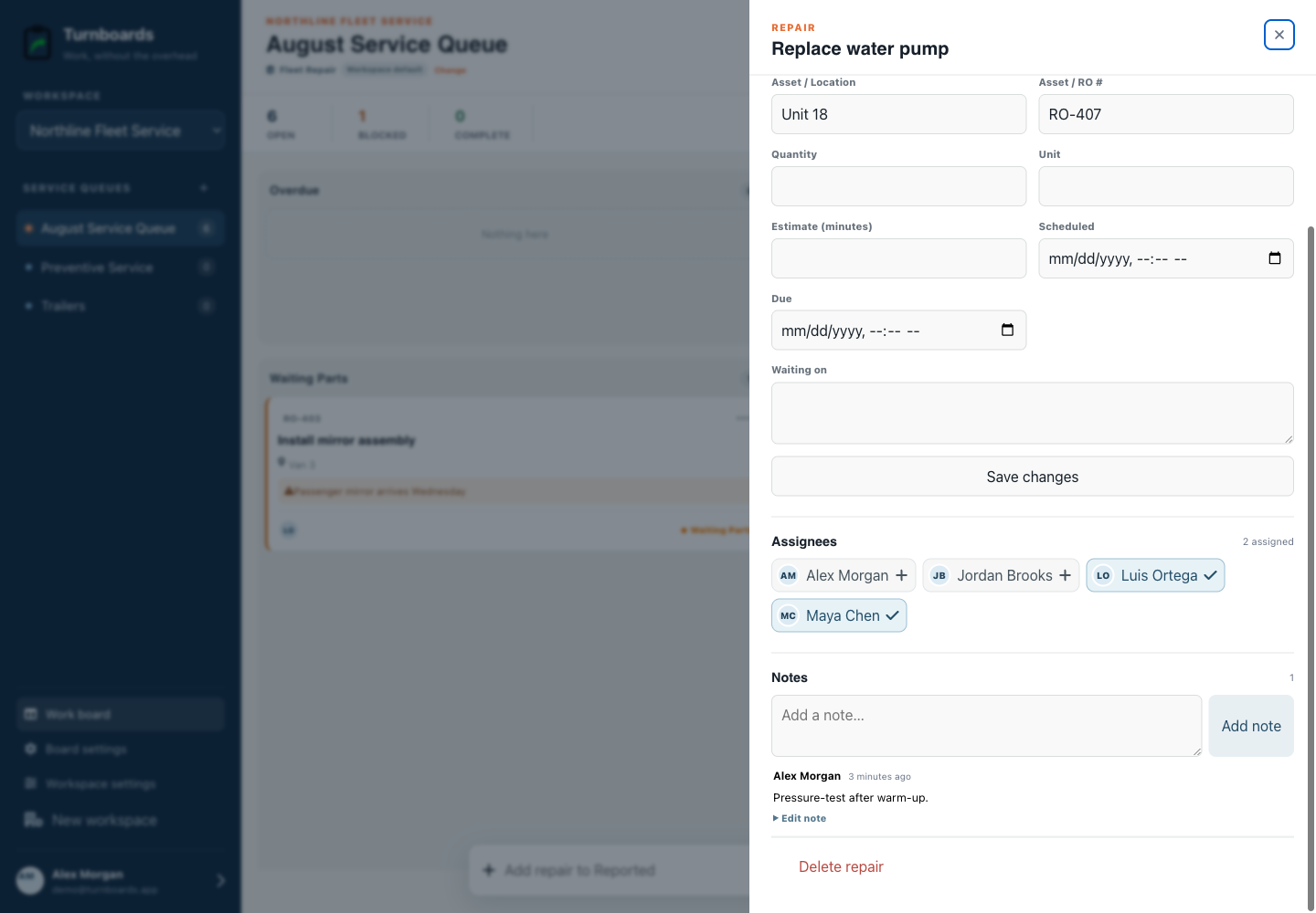 Assignments and notes together in the Turnboards Fleet repair web dashboard