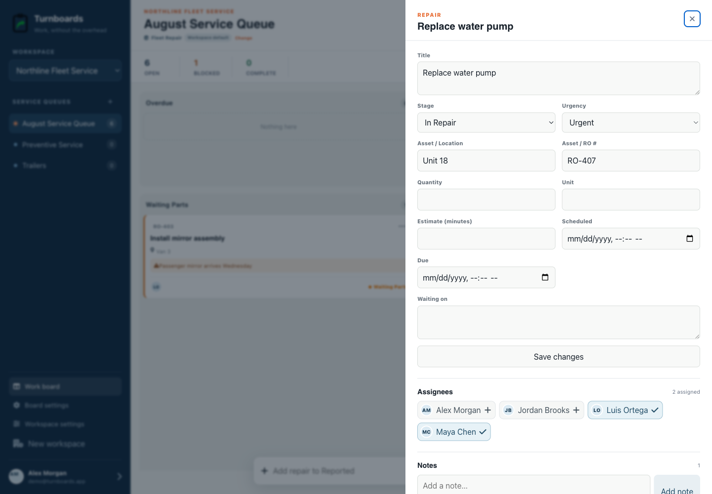 Repair details without clutter in the Turnboards Fleet repair web dashboard
