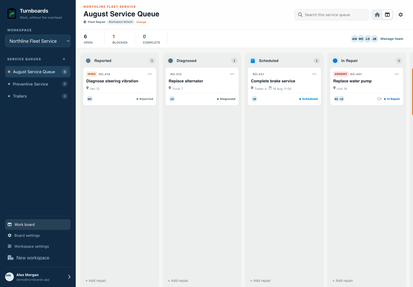 The complete Fleet Repair workflow in the Turnboards Fleet repair web dashboard