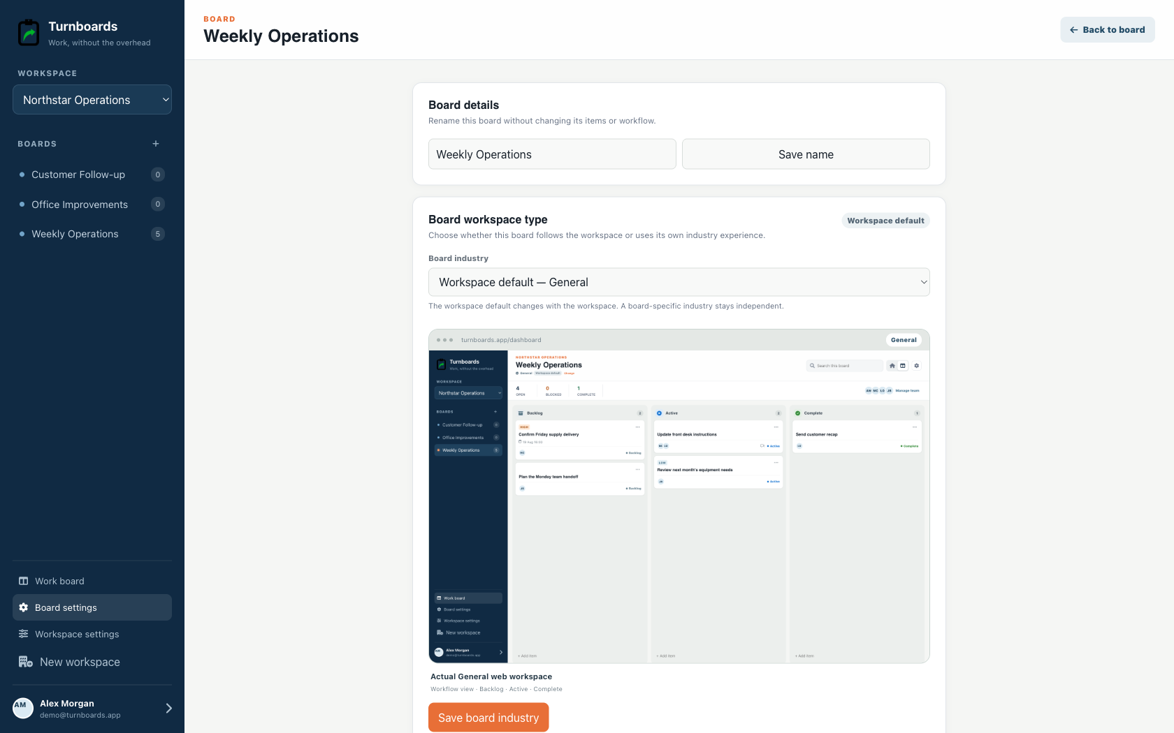 Board industry controls in the Turnboards General web dashboard