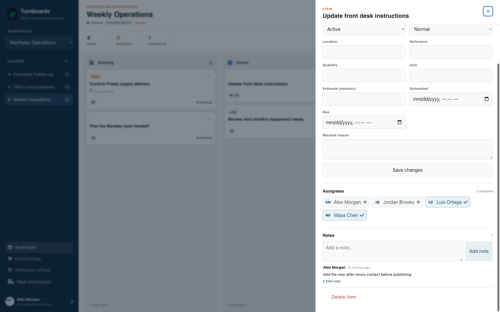 Assignments and notes together in the Turnboards General web dashboard