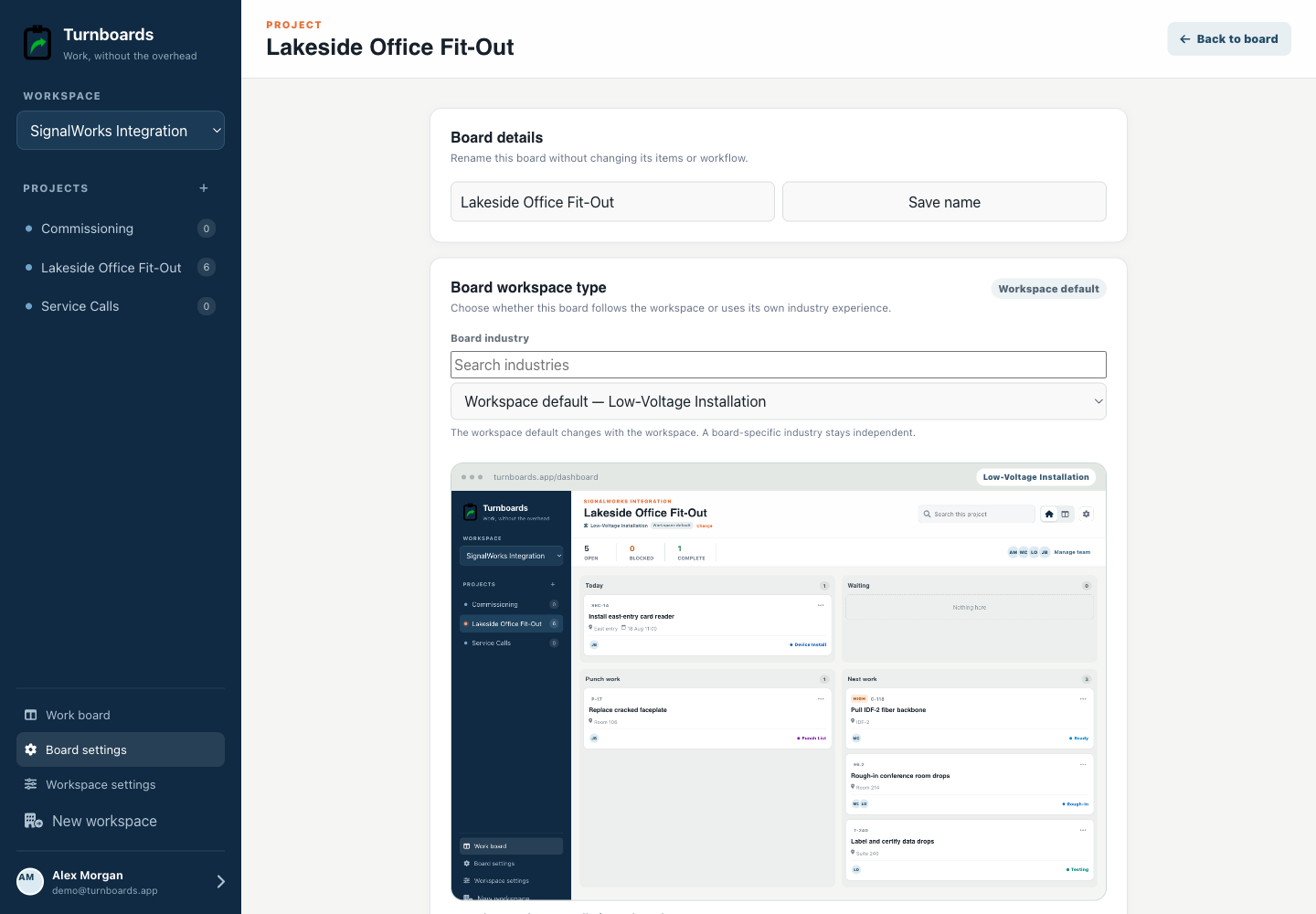 Project industry controls in the Turnboards Low voltage web dashboard