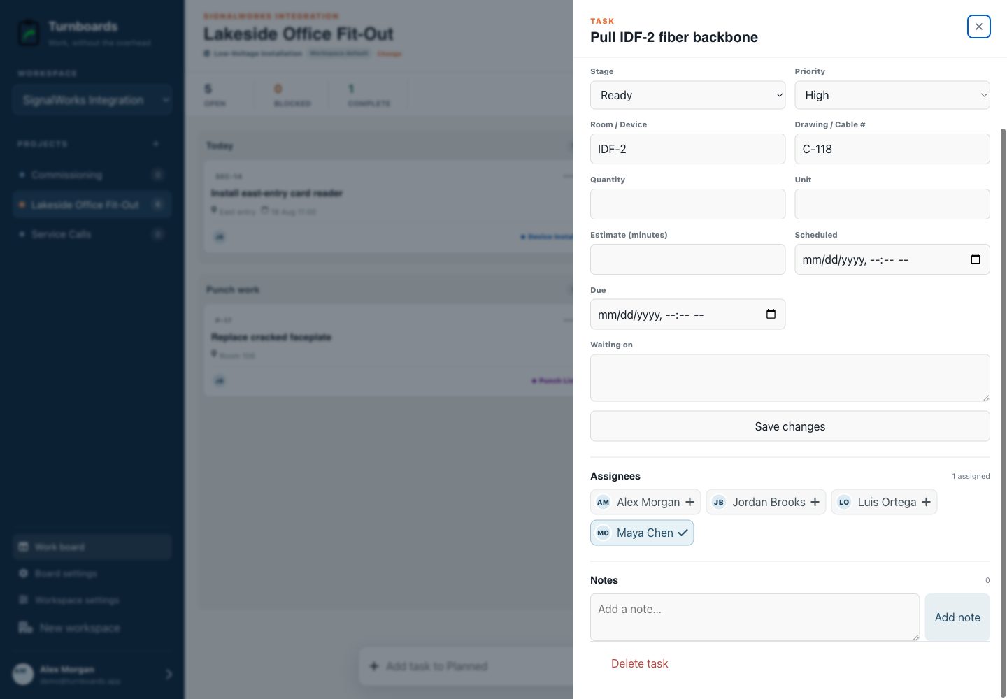 Assignments and notes together in the Turnboards Low voltage web dashboard