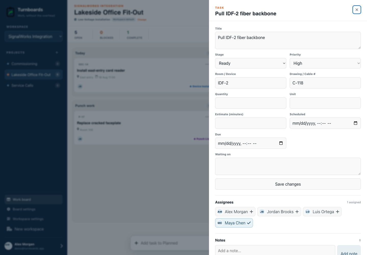 Task details without clutter in the Turnboards Low voltage web dashboard