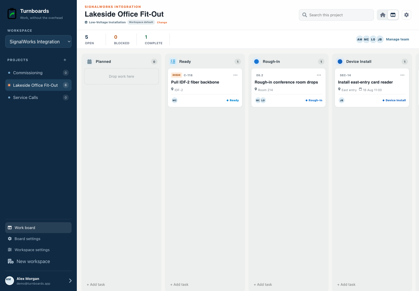 The complete Low-Voltage Installation workflow in the Turnboards Low voltage web dashboard