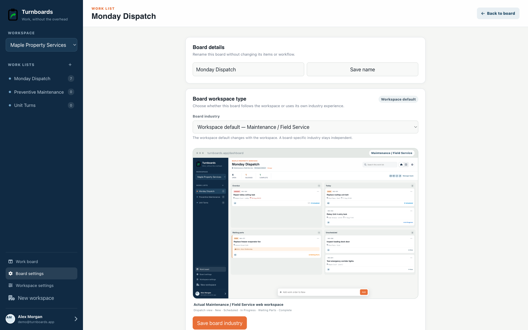 Work List industry controls in the Turnboards Maintenance web dashboard