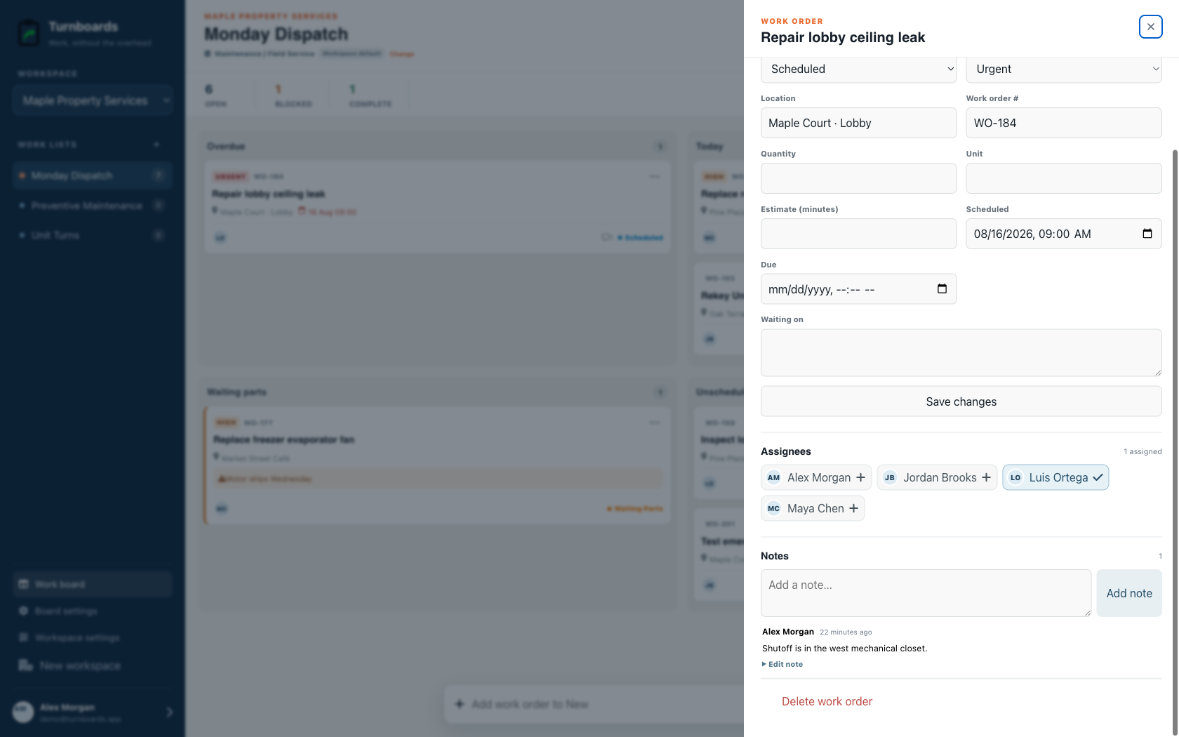 Assignments and notes together in the Turnboards Maintenance web dashboard