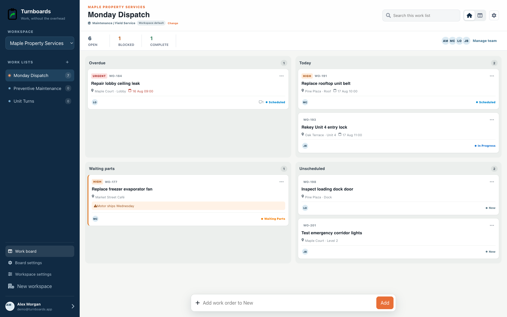 Maintenance / Field Service Turnboards web dashboard with realistic seeded work