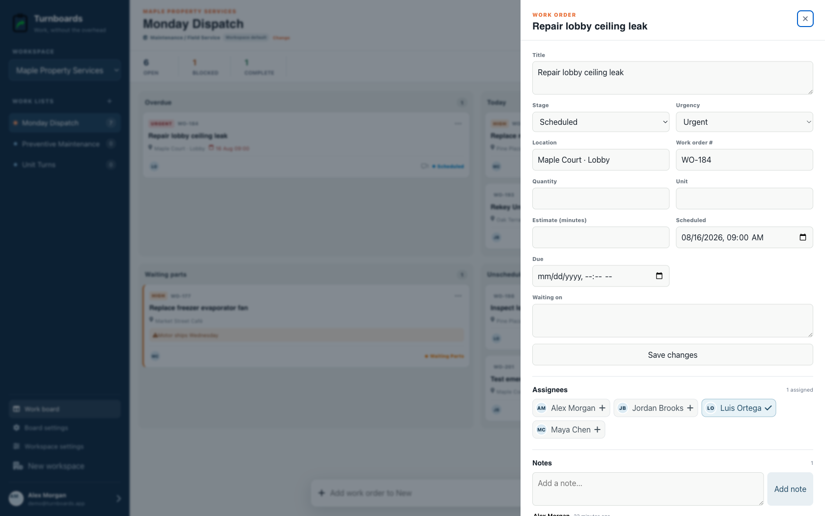 Work Order details without clutter in the Turnboards Maintenance web dashboard