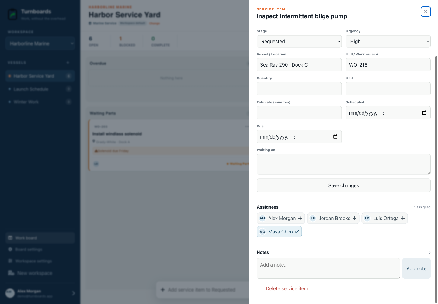 Assignments and notes together in the Turnboards Marine service web dashboard