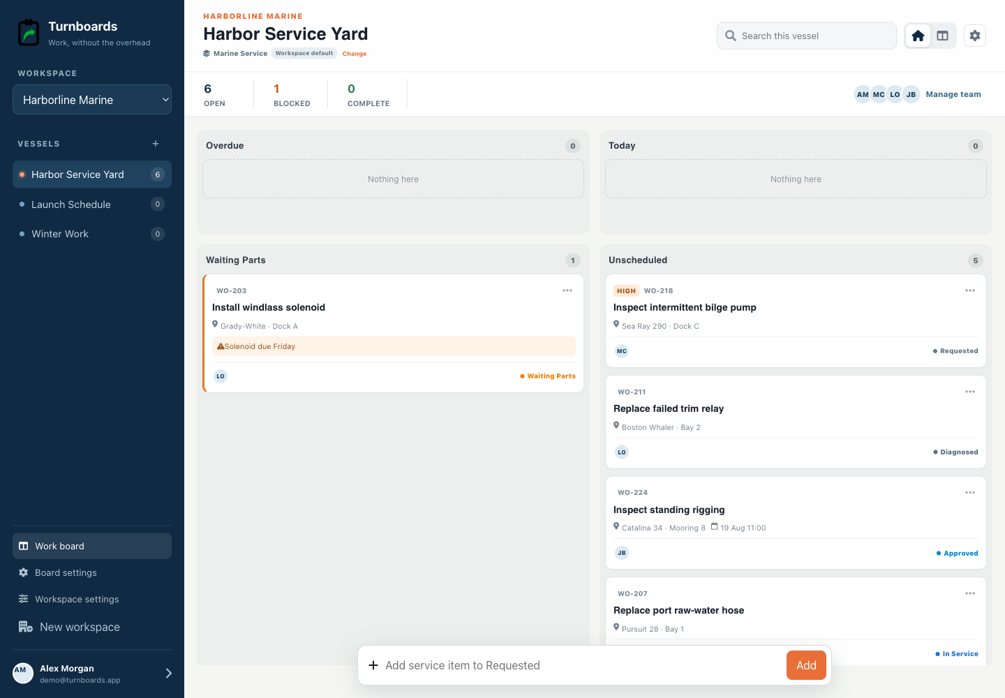 Marine Service Turnboards web dashboard with realistic seeded work