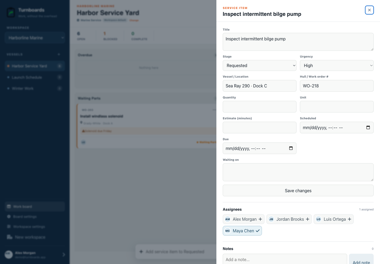 Service Item details without clutter in the Turnboards Marine service web dashboard