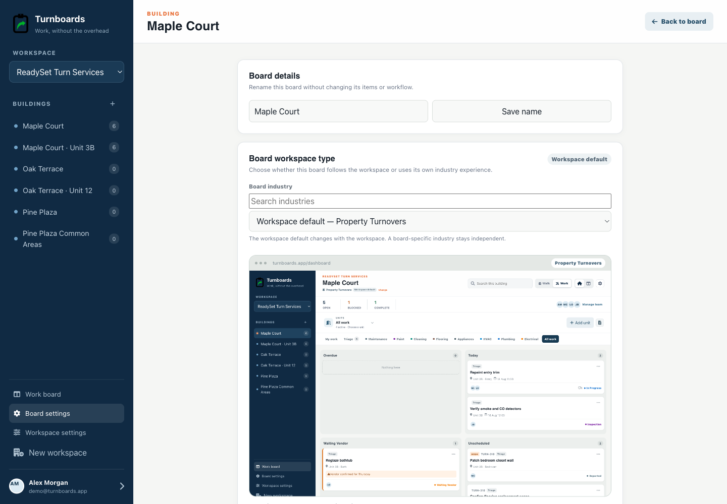 Building industry controls in the Turnboards Property turnover web dashboard