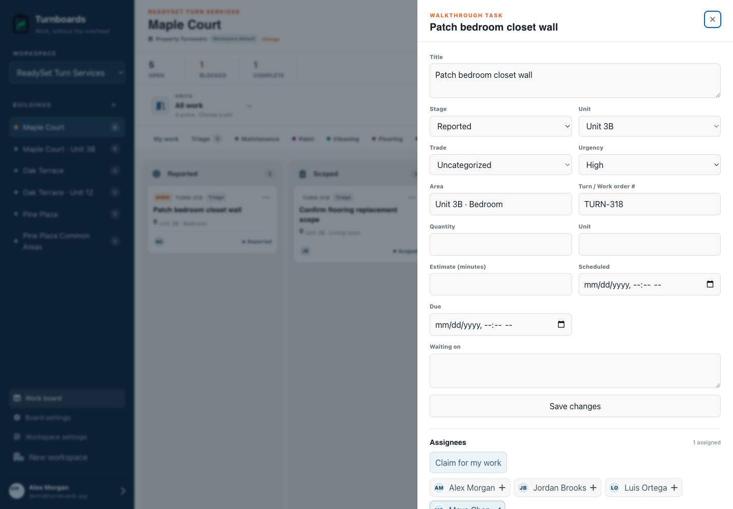 Assignments and notes together in the Turnboards Property turnover web dashboard