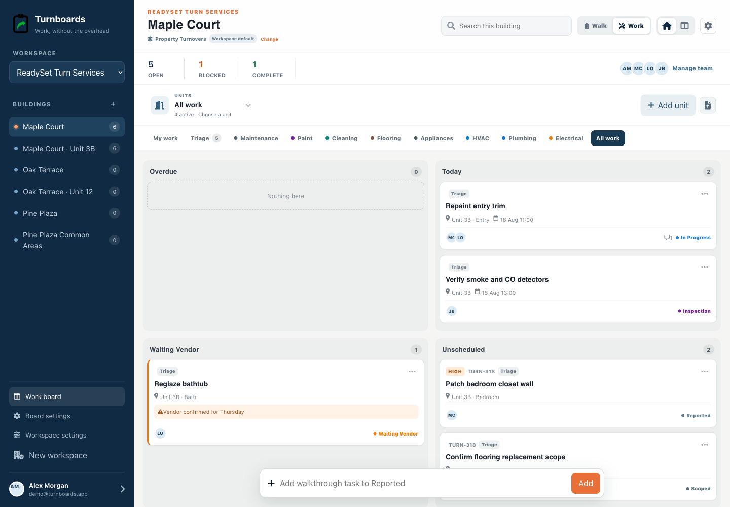 Property Turnovers Turnboards web dashboard with realistic seeded work